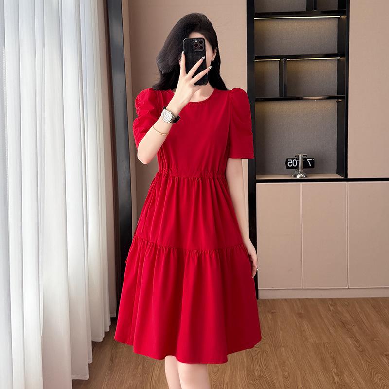 2026 Summer Women's Plus Size Red A-Line Short-Sleeve Waist-Cinched Dress