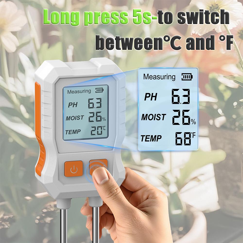 3 in 1 Soil PH Detector Tester LCD Screen Temperature Moisture Meter For Gardening Flower Potted Plantation Lawn Farm