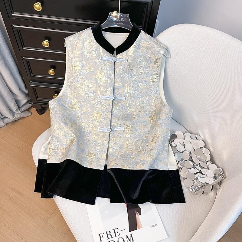 

Бархатный жилет с вставками Женский 2025 Винтажный с круглым вырезом Без рукавов Топ на пуговицах 3XL ([Recommended 138-75kg]) синий