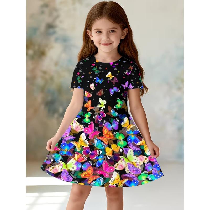 Dress for Girls Sequin Butterfly 3D Printed Short Sleeve Dress Summer Loose Girls' Casual Dress Round Neck Hot Sale Girl Clothes