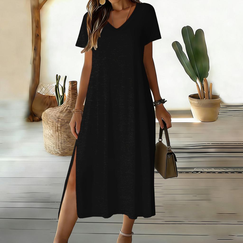Damen Casual Lockerer V-Ausschnitt Kurzarm Rock Mit Schlitz Am Saum Und Mittellangem Design