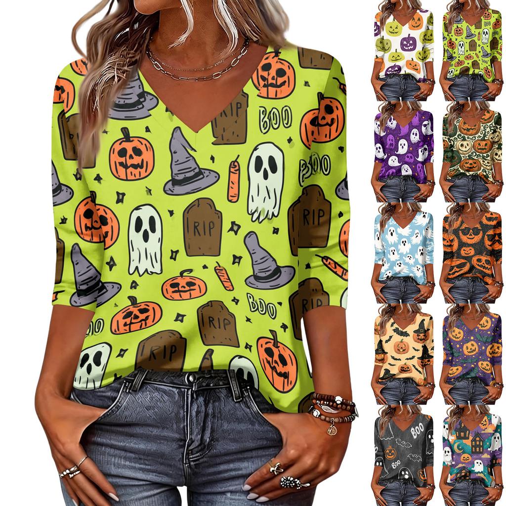 Women's Casual Halloween Print V Neck Three Quarter Sleeve Top Lightweight Loose Fit Pullover Shirt for Fall Seasonal Wear