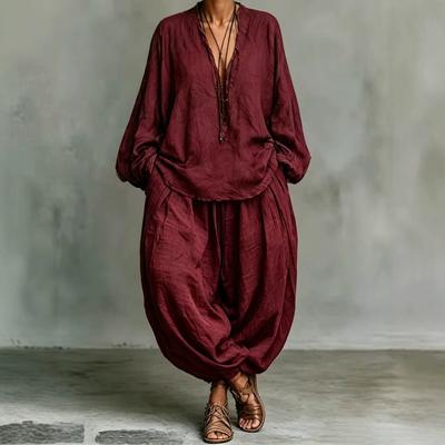 1116 Popular Women's Clothing Casual Elegant Lazy Wind V-neck Cotton and Linen Lantern Sleeve Two-piece Set