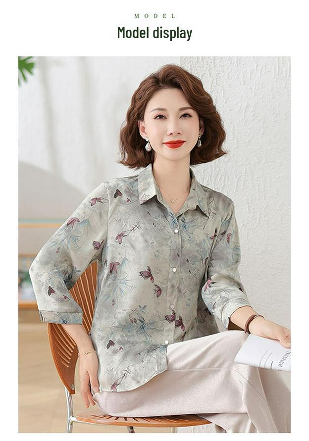 2026 Chic Printed Shirt for Moms: Loose, Nine-Point Sleeve, Spring/Autumn Fashion for Middle-Aged and Elderly Women