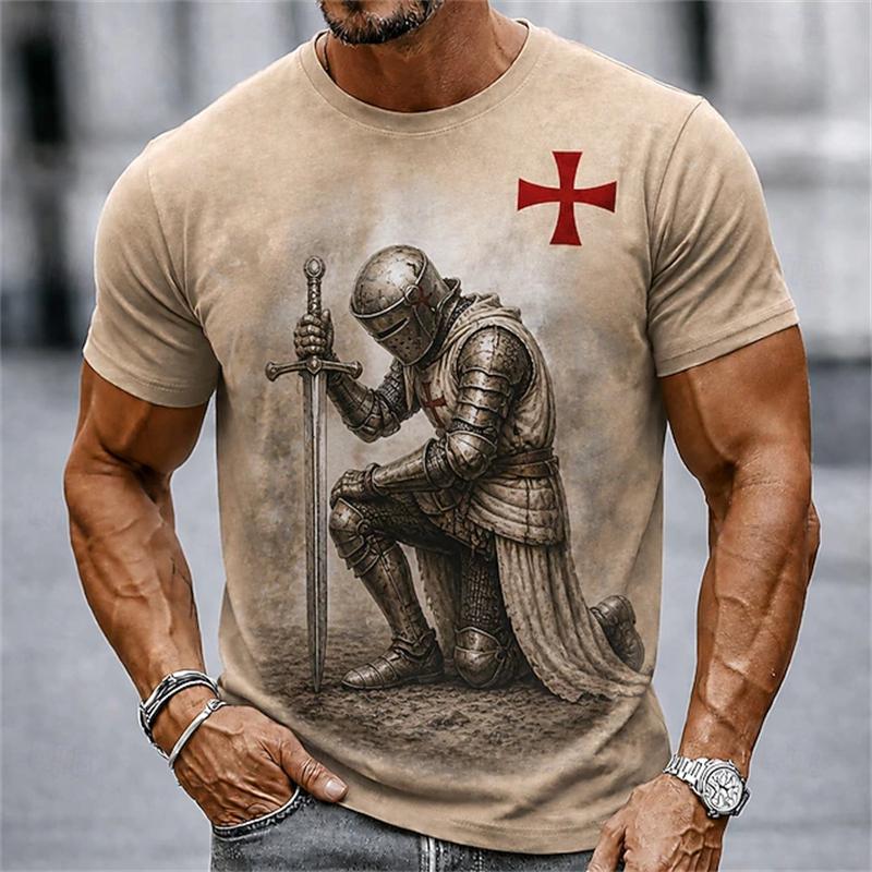2026 Sommer Retro Herren Templer Kreuzritter T-Shirt Kurzarm T-Shirt 3D-Druck Rundhals Religiöser Stil Festliches Outfit