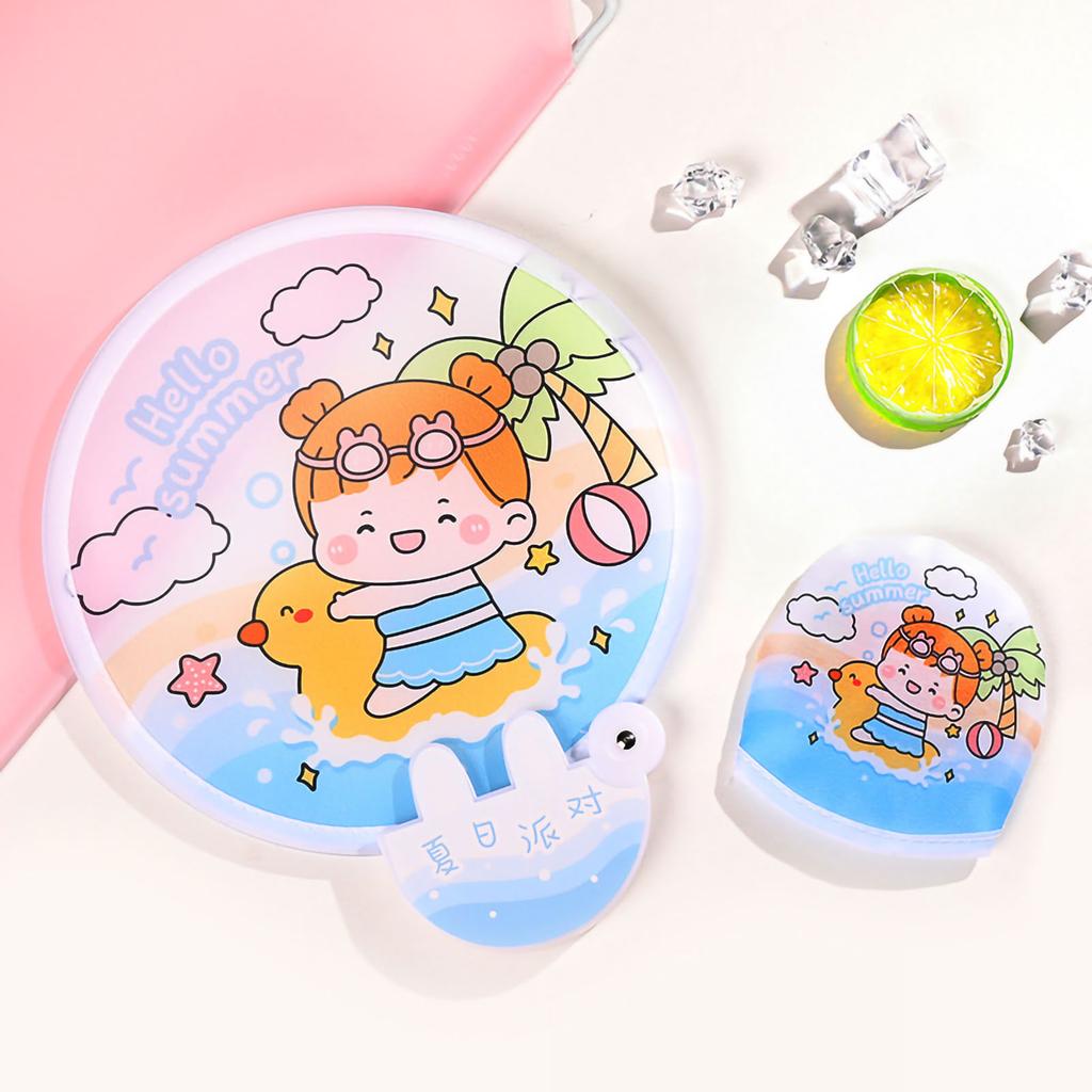 Handlicher runder Faltfächer mit niedlichem Cartoon-Muster, klein, leicht, leuchtende Farben, faltbarer Fächer für