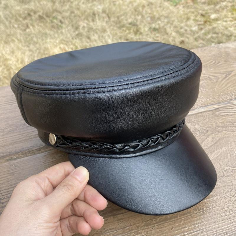 High Quality Genuine Leather Women Military Hat Winter Warm Outdoor First Layer Sheepskin Leather Hat Military Hat Women