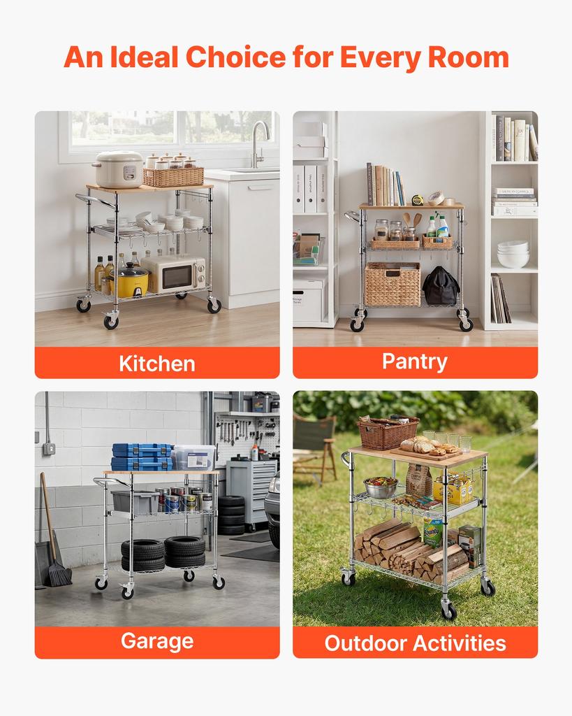 VEVOR Kitchen Utility Cart, 3 Tier Heavy Duty Adjustable Wire Storage Rack with Wood Tabletop and Handle Bar