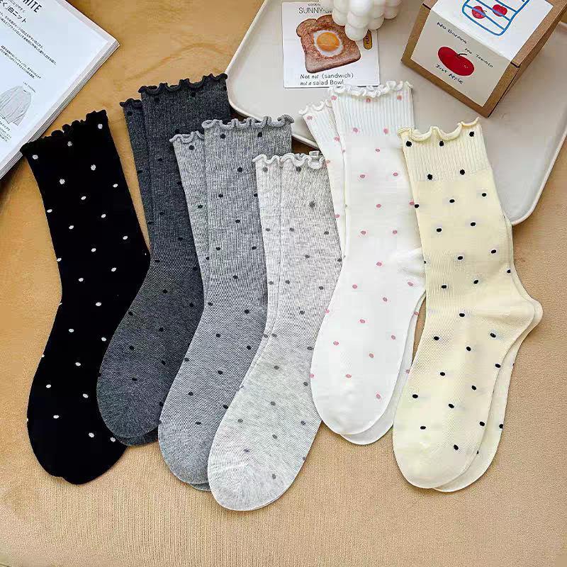 Damen Rüschen Polka Dot Mid-Calf Baumwoll Ballett Socken - Frühling/Herbst