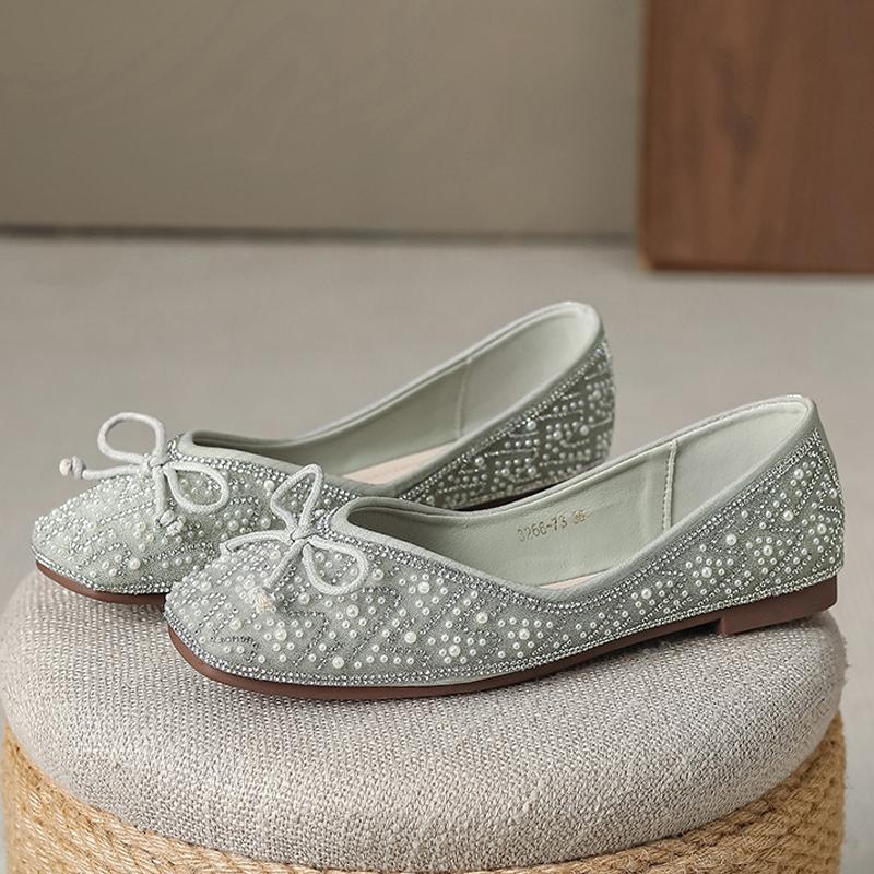 Fashion Elegant Crystal&Pearl Beading Flats Women Bowtie Ballet Shoes Square Toe Shallow Slip On Loafers Femmes Barefoot Mocasines Mujer