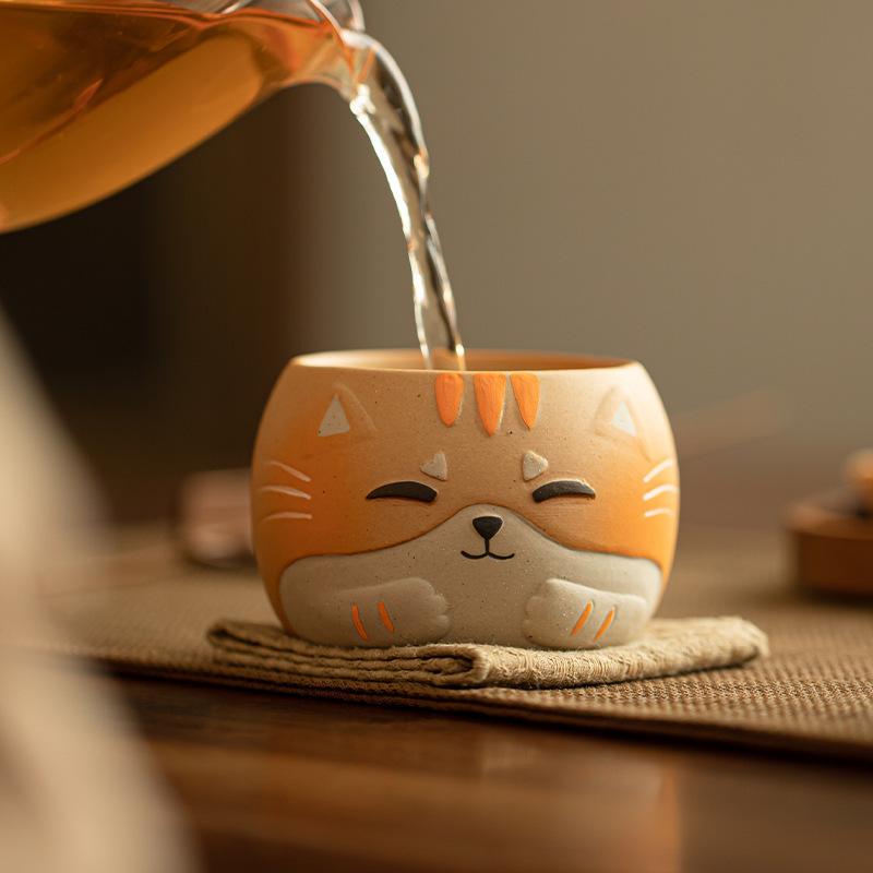 1/4PCS Ceramic Gongfu Tea Cup Woodfish Cat Design Chinese Style Home Use Cute Tea Set Gift for Women