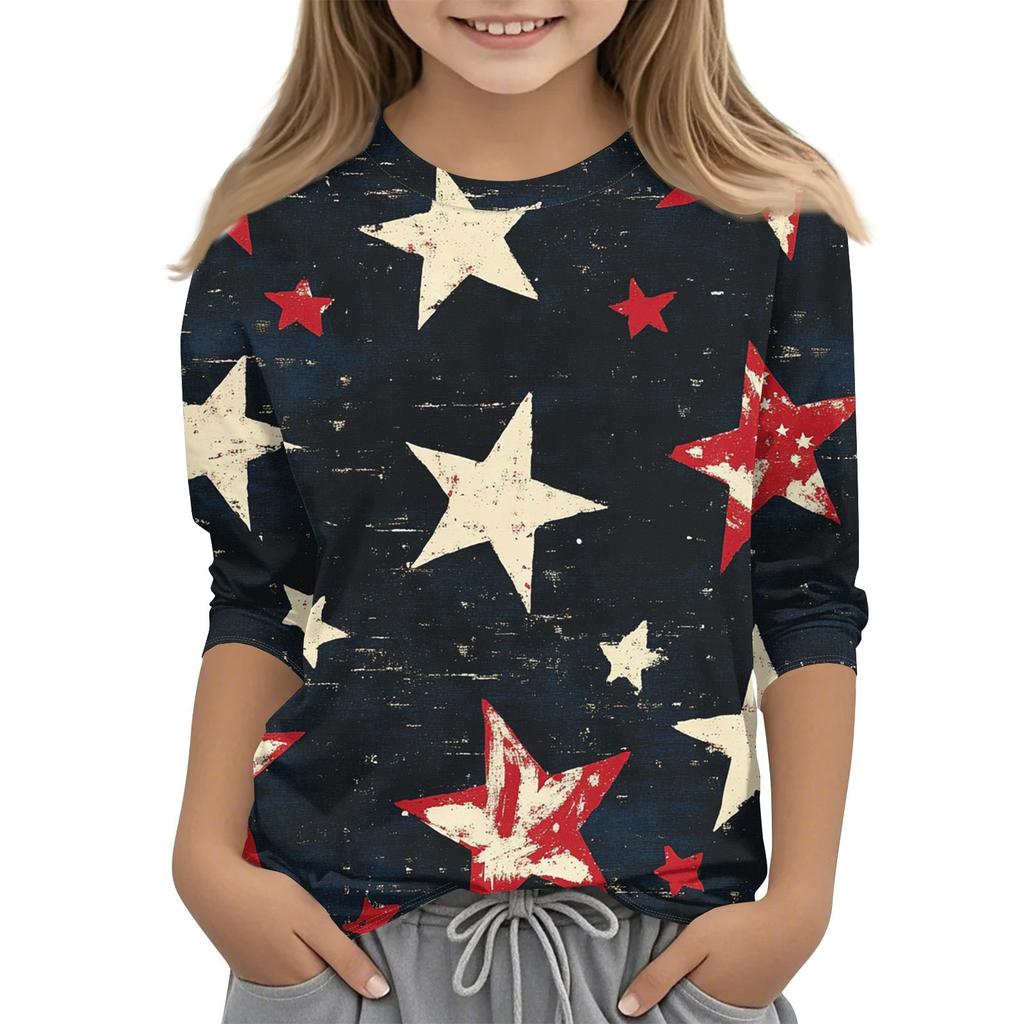 Barne 7/8-ermet trykket Independence Day crew-neck avslappet t-skjorte