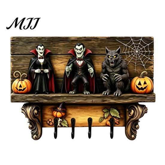 Lightweight Wooden Ghost Decor Halloween Key Holder, Lady Holder with 4 Hooks, Wall Entryway Organizer Rack Mounted Spooky for Hallway Home