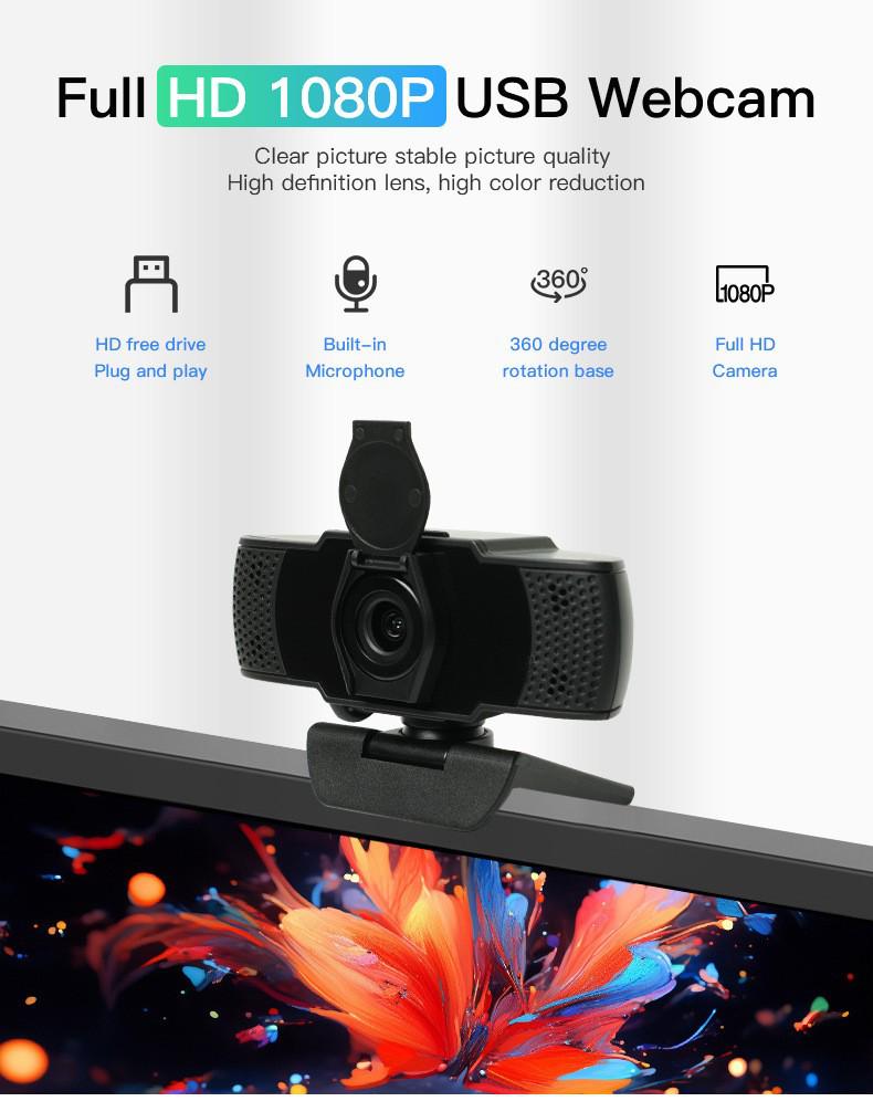 1080P HD USB Webcam with Microphone and Fixed Focus