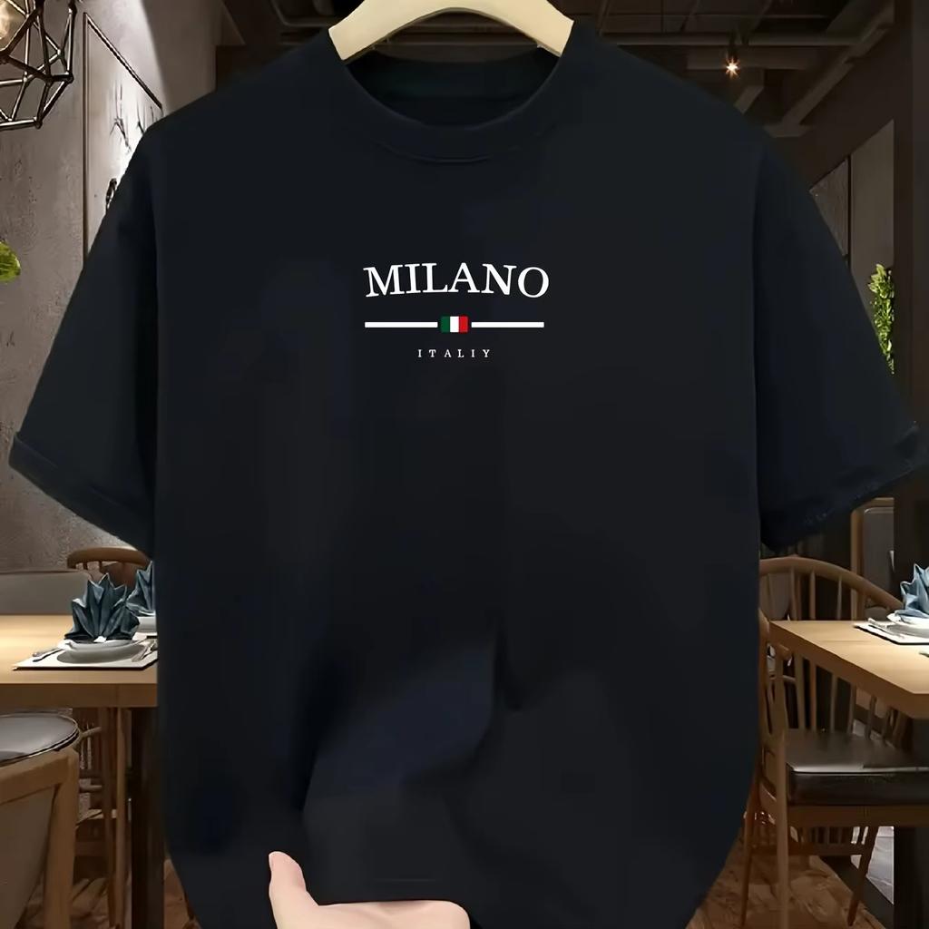 Unisexs Pure Cotton Fashionable Casual Loose Italian Style Milan Letter Printed Round Neck Short