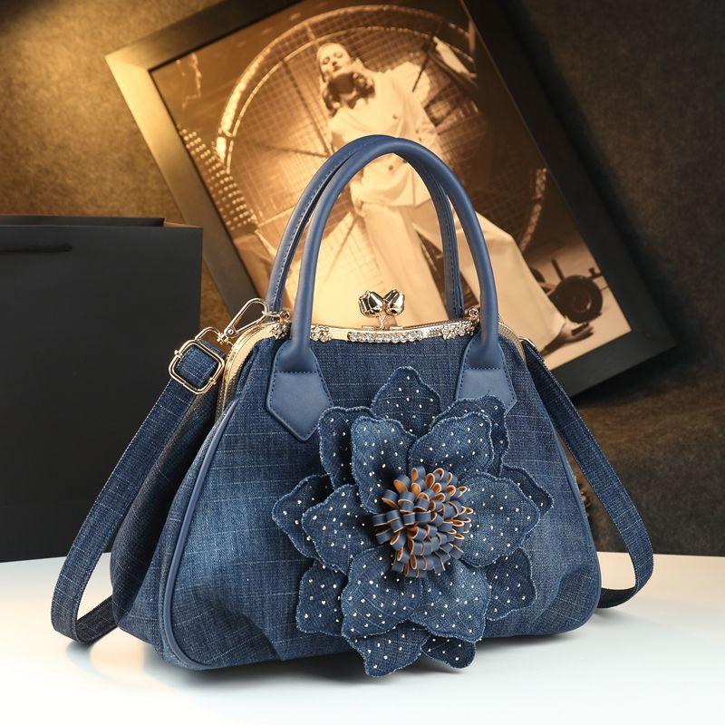 

2025 Мода Универсальная Женская Сумка Большой Вместимости Цветочный Деним Бриллиантовый Набор Сумка Через Плечо синий