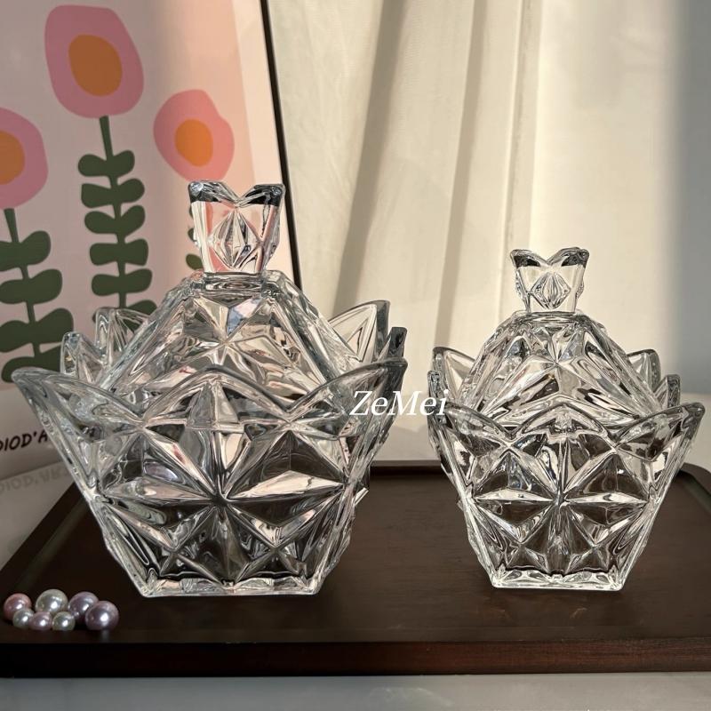 European-Style Diamond-Shaped Glass Candy Jar,Transparent Jewelry Organizer Glass Jar With Lid Candy Container Home Decoration