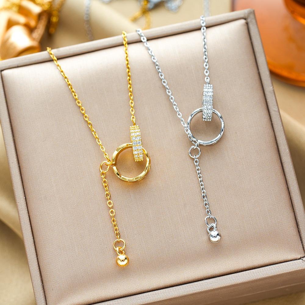 Luxury Double Hoop Tassel Choker Necklace For Women With Micro-Set Circle Pendant Titanium Steel Jewelry