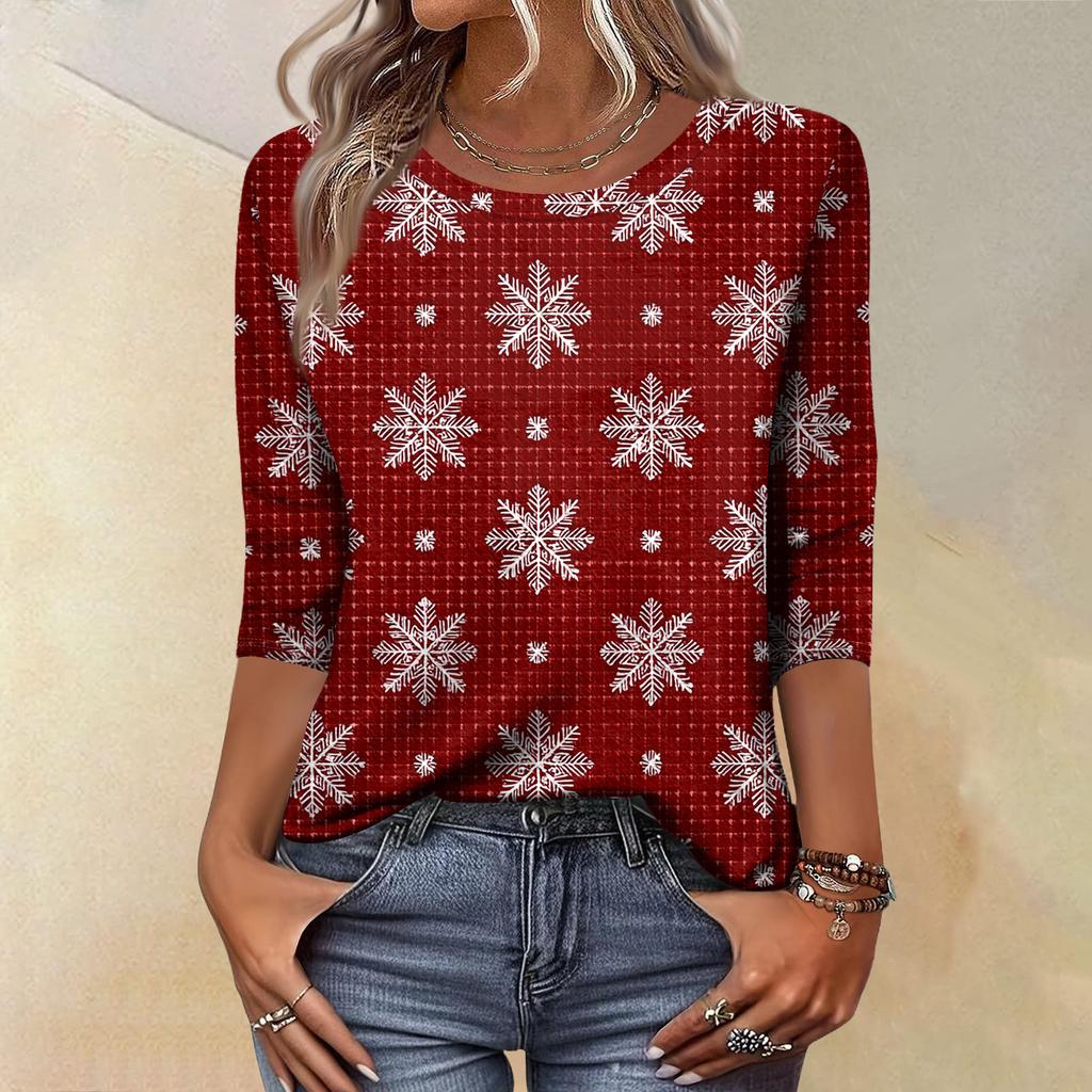 Women's Fashion Casual Christmas Tree Printed Round Neck Three-Quarter Sleeve T-Shirt Top