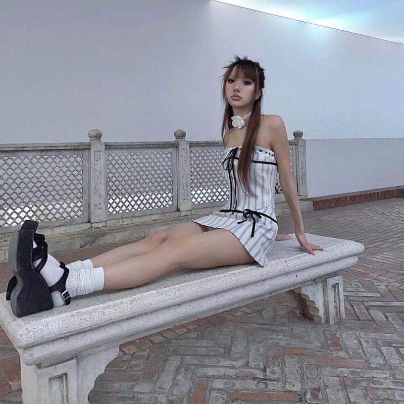 French Style Stripes Tube Top Suit Skirt Elegant Slim Looking Sexy Wind 2023 Summer New Design Sense Two-piece Set