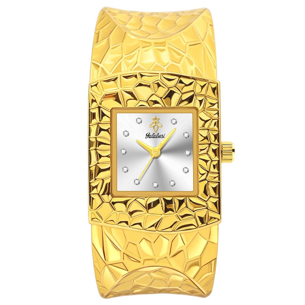 YaLaLuSi Gold Open Cuff Women Watch Square Green Dial Crystal Quartz Wrist Watch Luxury Gift Watch For Her