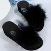 Fashion Faux Fur Wedges Slippers for Women Spring Autumn Fashion Crystal Detor Platform Slides Woman Slip On Open Toe Slippers Female