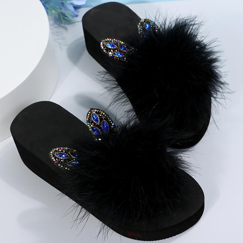 

Fashion Faux Fur Wedges Slippers for Women Spring Autumn Fashion Crystal Detor Platform Slides Woman Slip On Open Toe Slippers Female 36 чёрный