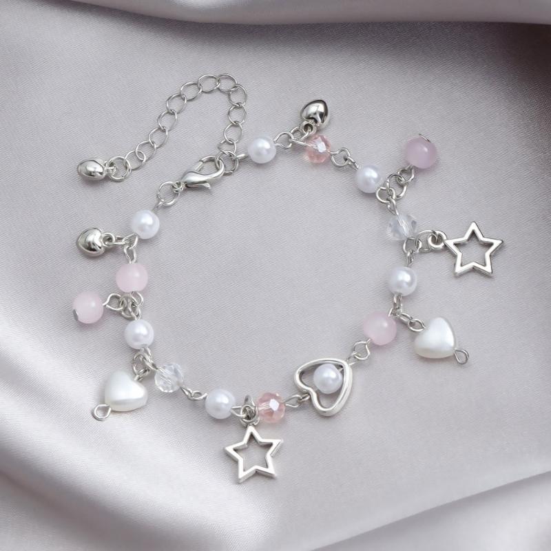 Handcrafted Beaded Bracelet with Heart Star Wing Pendant Wristband Pearls Bowknot Bracelet Adjustable Chain Jewelry Gift