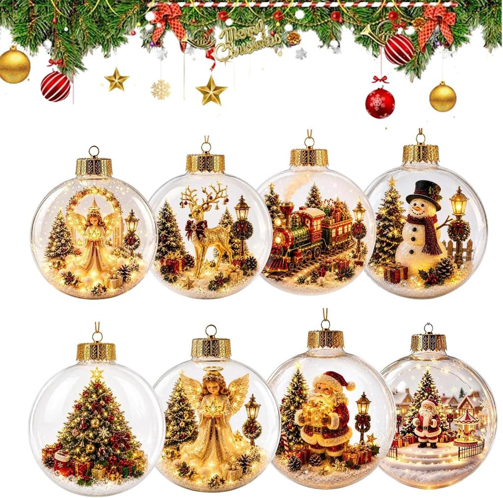 8Pcs 3D Glowing Christmas Story Ornament   3.15 Inch Miniature Diorama Ball with Warm LED Light   Shatterproof Plastic Holiday Tree Decor Gift