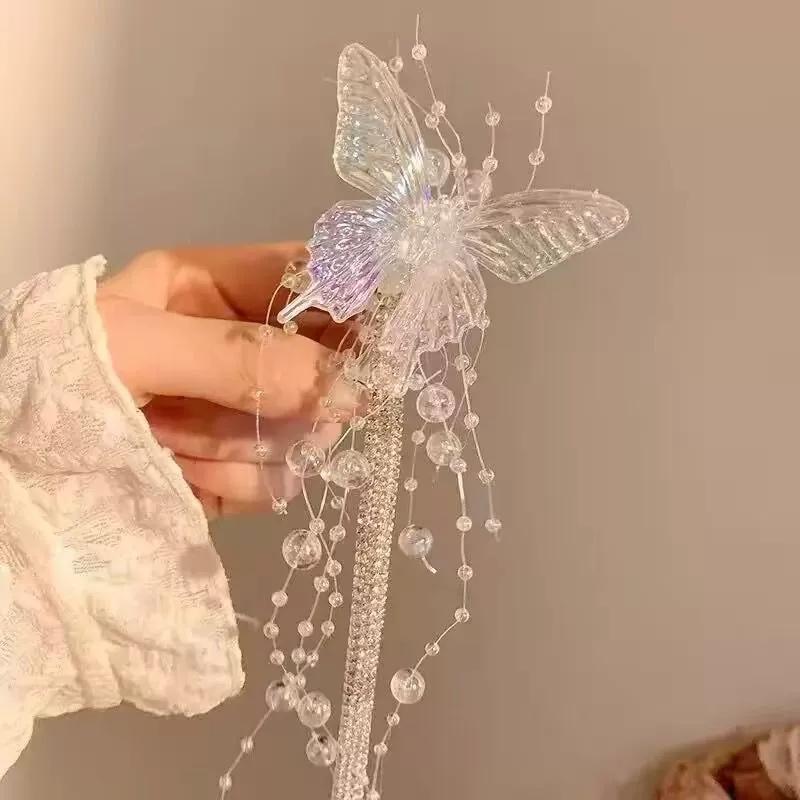

2Pcs Women Shiny Luxury Headwear Side Bangs Double Ponytails Photos Accessory Gift Long Crystal Butterfly Bead Tassel Hair Clips