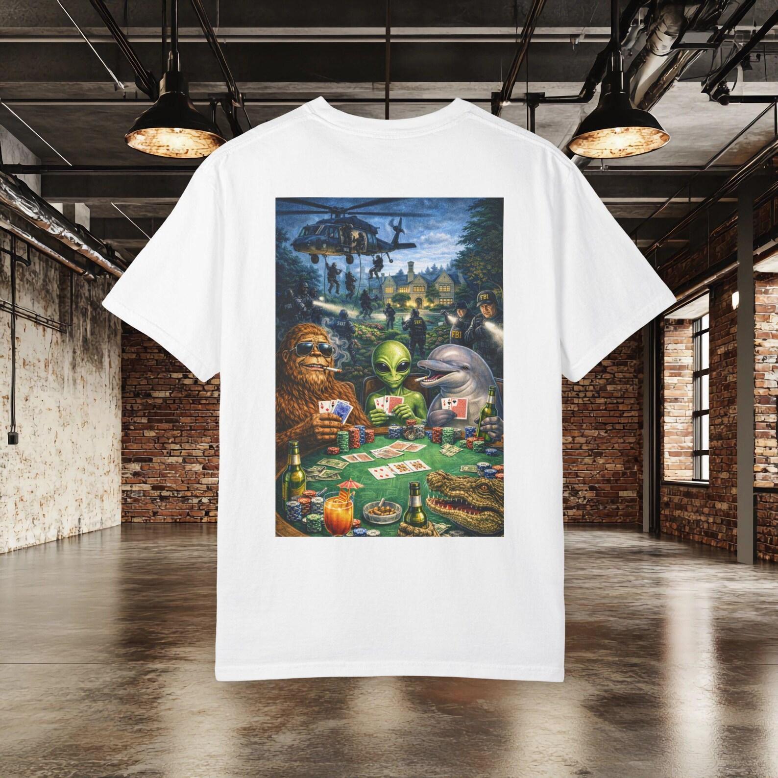 Alien Poker T shirt, Funny Bigfoot UFO Tee, Area 51 Raid Shirt, Sasquatch Graphic Tee, Conspiracy Streetwear S
