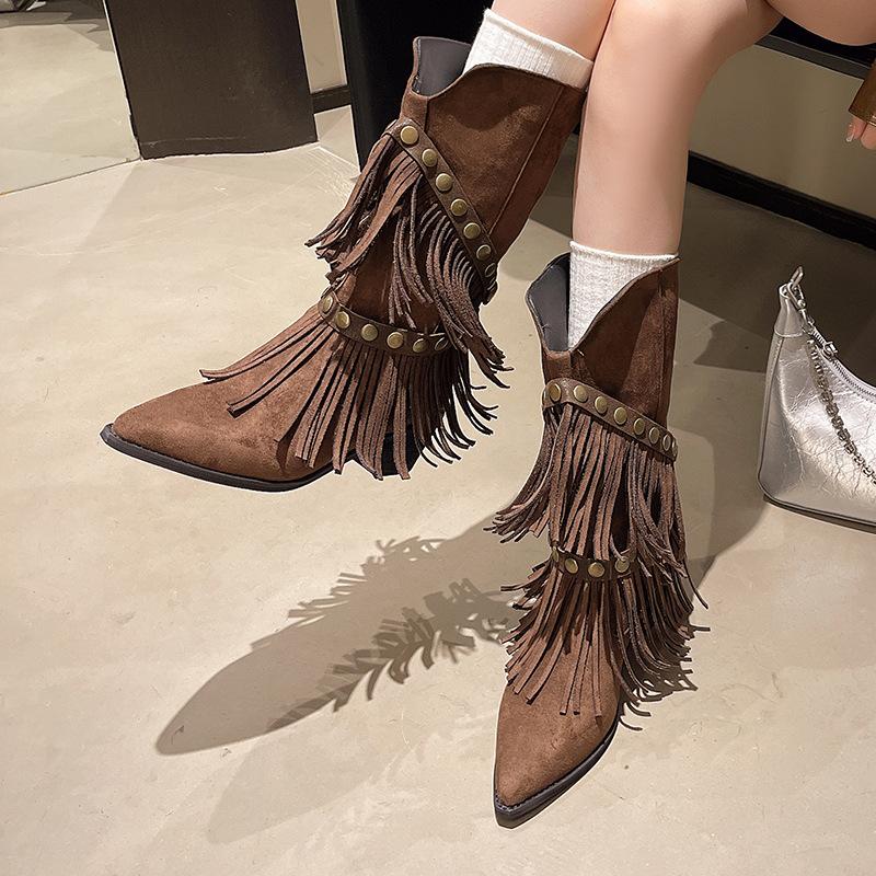 Maillard western cowboy boots retro slim boots fringed wasteland wind pointed thick heel Martin boots