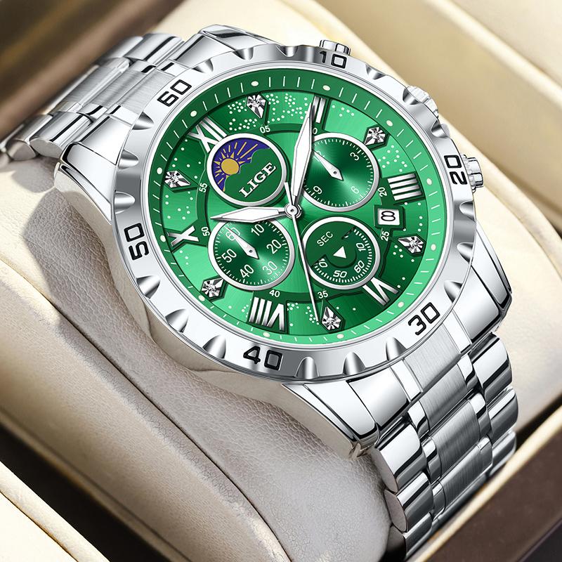 LIGE Top Brand Luxury Watches Men Fashion Multifunction Quartz Wristwatches 30M Waterproof Luminous Steel Mens Watch Reloj