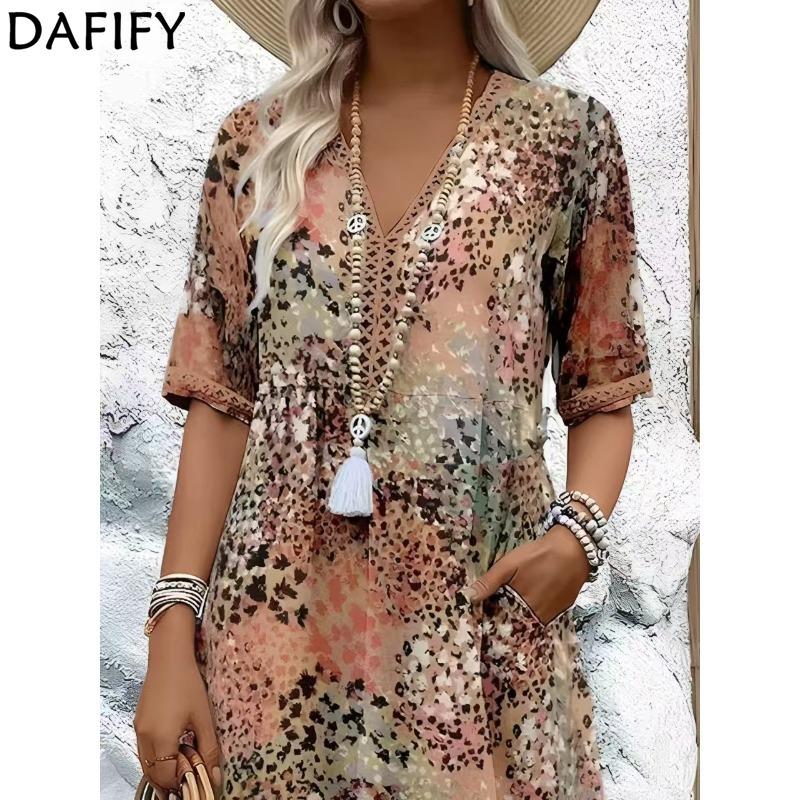 DAFIFY Women's Fashion Summer Spring Leopard Print 1/2 Sleeves V-Neck Loose Waistline Casual Dresses