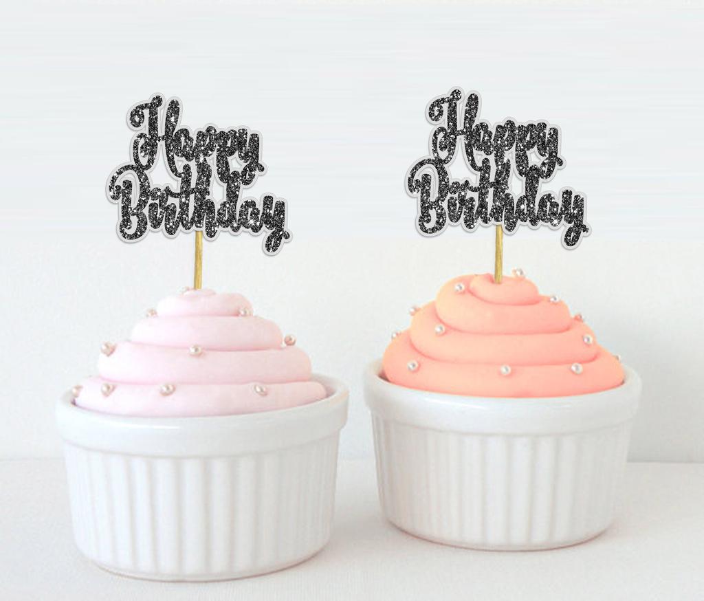Darling Souvenir| Glitter Happy Birthday Cupcake Toppers| Party Dessert Decorations - Pack Of