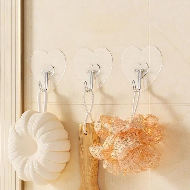 10pcs Heart Shape Transparent Hooks Non Punching Plastic Love Hangers Holder Self Adhesive Key Towel Multi-Purpose Hooks