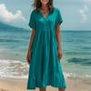 Women's Fashion Solid Color Short Sleeve Cotton Linen Patchwork Pleat Dress