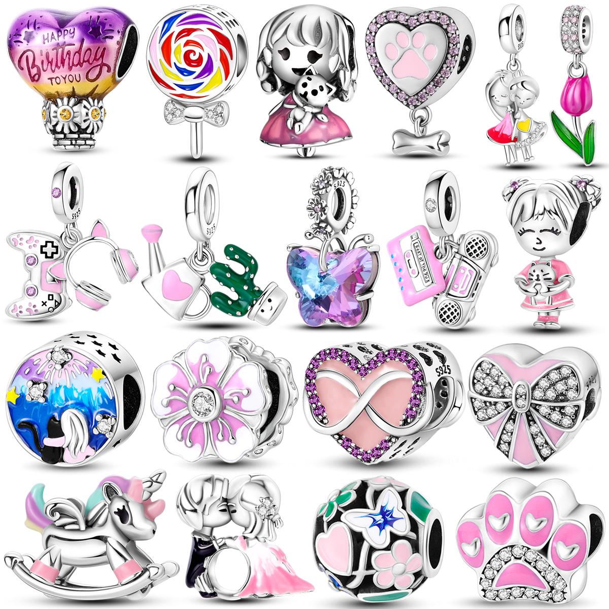 

925 Серебро Розовый Цвет Серии Подвески Бусины Прекрасная Розовая Бабочка Мотаться Подвеска В Форме Сердца Подходит Модный Браслет Ожерелье Ювелирные Изделия