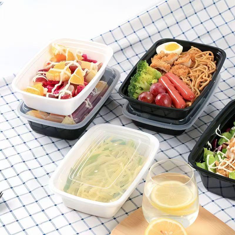 Rechteckiger Einweg-Lebensmittelbehälter für die Mikrowelle - Schwarz, Weiß & Transparent Takeaway-Mittagessensbox.