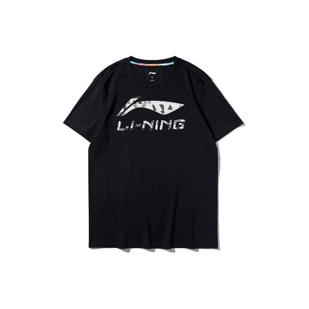 Li Ning Logo Print Solid Color Round Neck Short Sleeve T-Shirt Men Tops Black YHST177-1
