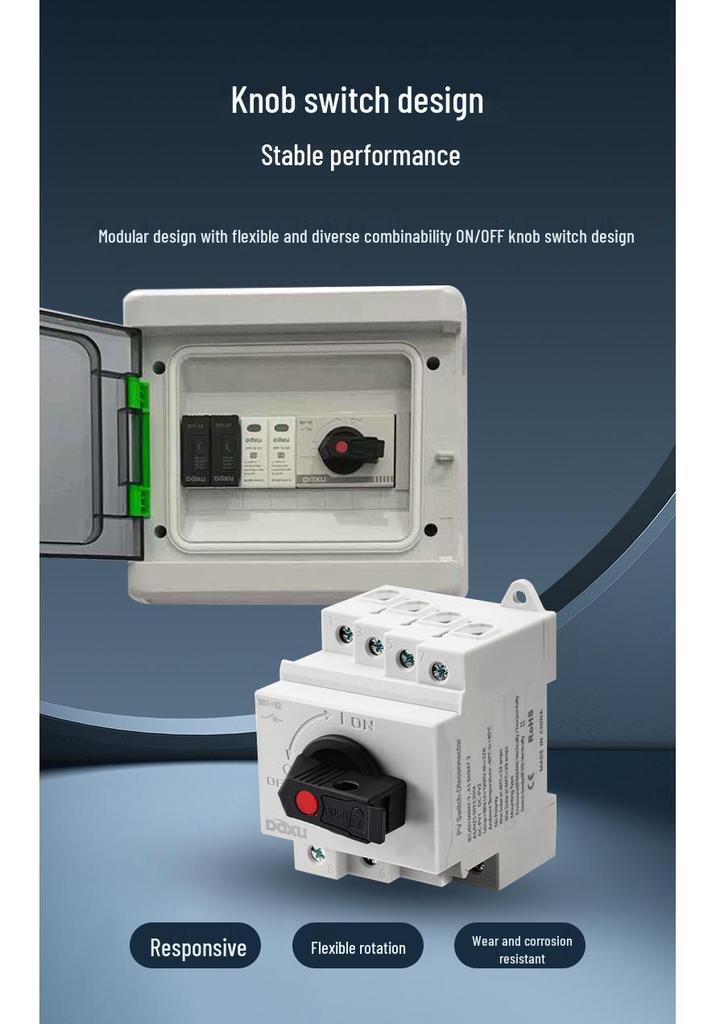 DS1-32 Bidirectional Photovoltaic DC Isolator Switch, 32A 1200VDC, IP20 Rail Mount.