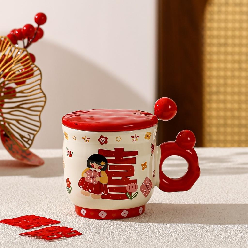 Wedding Gift Souvenir Mug Couple Pair Cup with Lid Spoon Ceramic Cup Set Gift Box Small Gift Water Cup