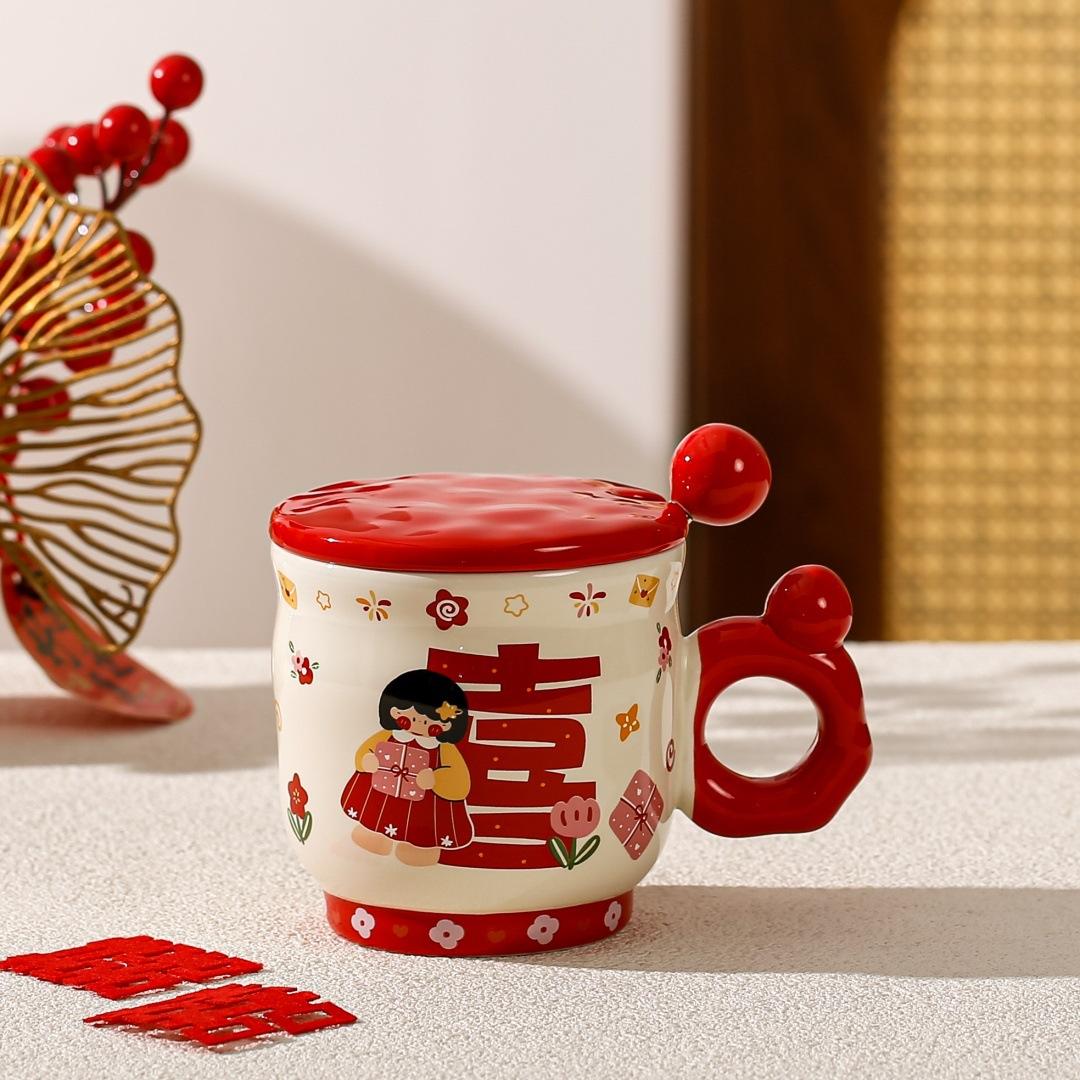 

Wedding gift souvenir mug couple pair cup with lid spoon ceramic cup set gift box small gift water cup Technologies 400ml [cup + lid + spoon]