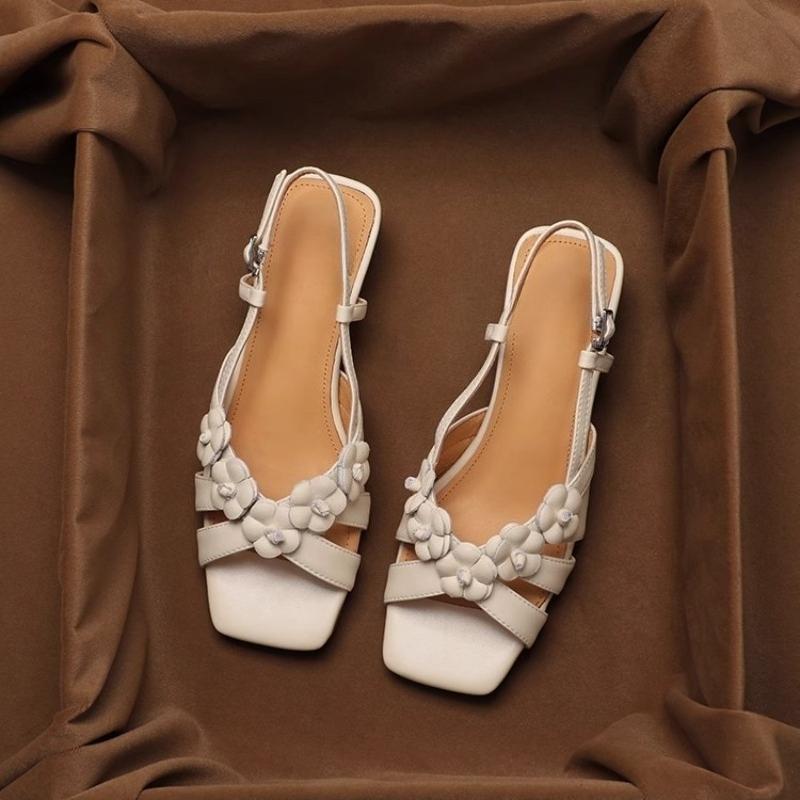 Fashion Open Toe Block Heel Roman Sandals Women's Summer New Fashion Square Toe Shallow Mouth One Strap Flower Sandals