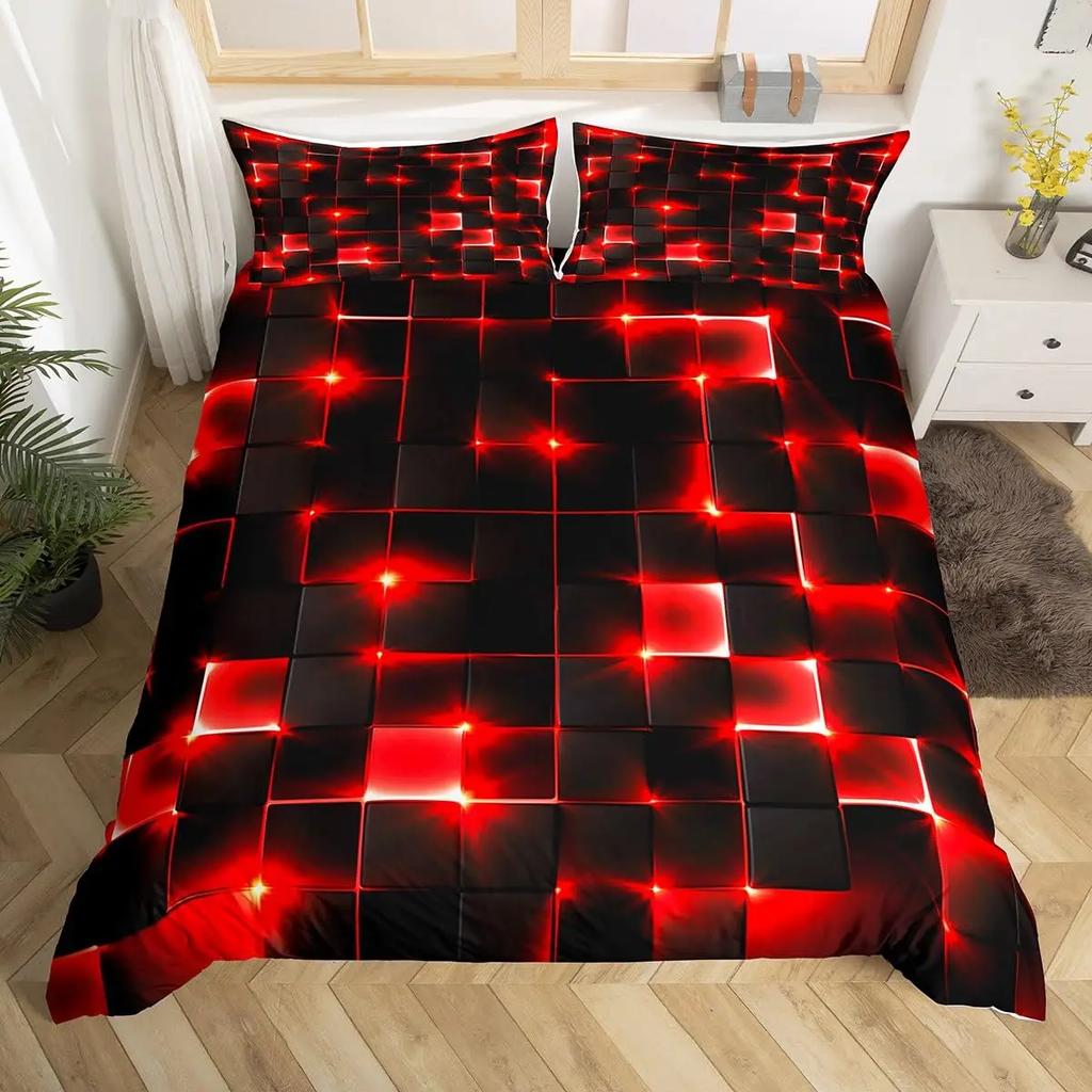 Abstract King Duvet Cover Modern Geometric Grid Square Bedding Set Red and Black Neon Light Line Geometry Themed Quilt Cover