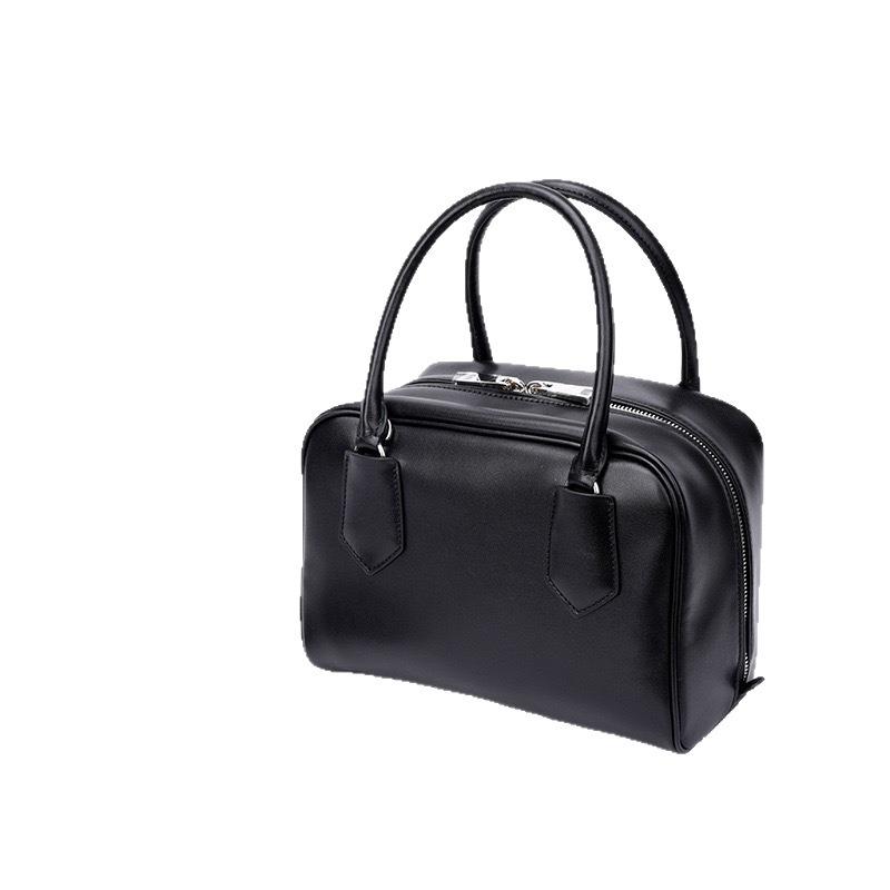 Cowhide bag women's bowling bag new fashion shoulder bag messenger bag light luxury contrasting color portable women's bag