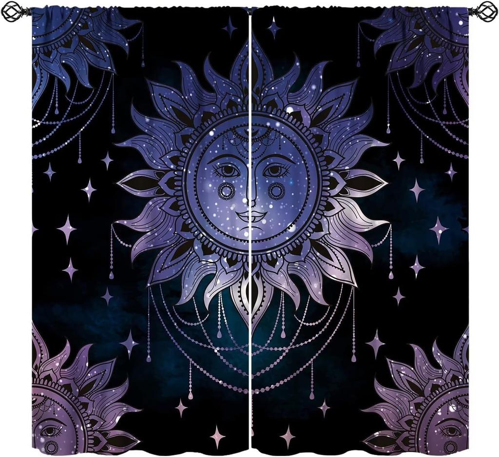 Sun Moon Curtains Bohemian Celestial Art Printed Blackout Window Drapes for Bedroom Living Room Kitchen Decor Fabric Set 2 Panel