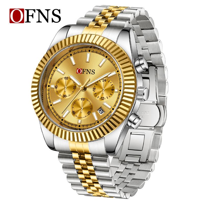 OFNS Men s Chronograph Quartz Watch: Luminous, Six-Hand, Calendar, Waterproof Business Strap