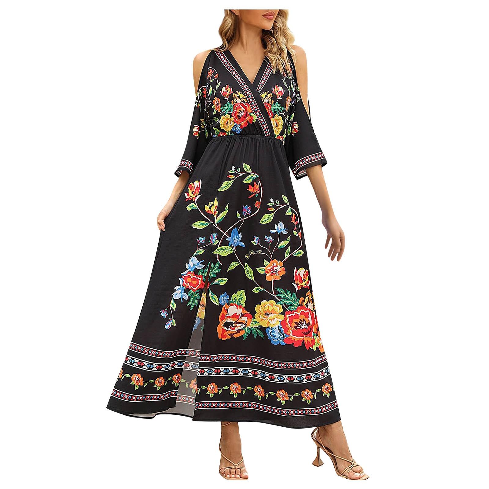 

(SU)Летние платья для женщин 2023, модные повседневные длинные свободные платья макси с v-образным вырезом и рукавами 3/4 с открытыми плечами и цветочным принтом