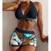 Europe and The United States Swimsuit Ladies Print Neck Conservative Flat Angle High Waist Split Flat Angle Bikini High Waist